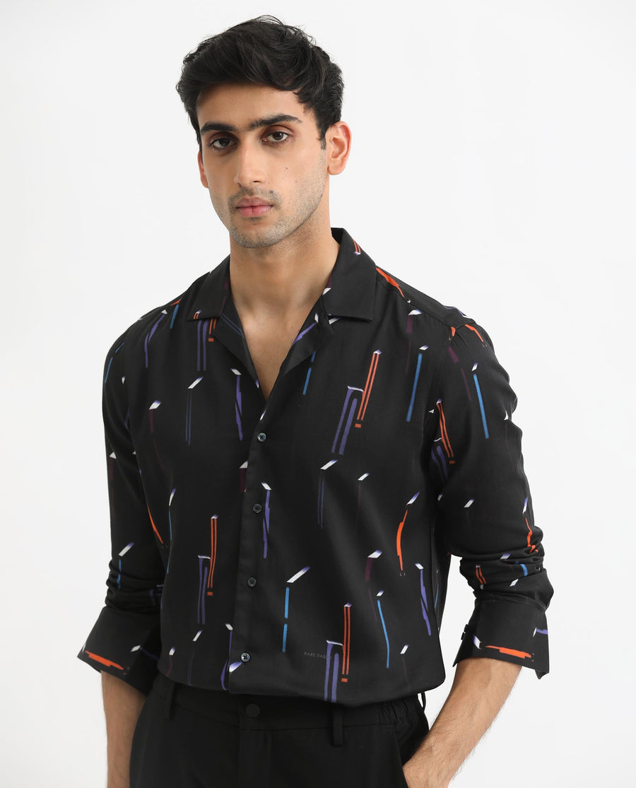 Rare Rabbit Men's Lexa Black Cotton Geometric Print Regular Fit Full Sleeve Cuban Collar Shirt