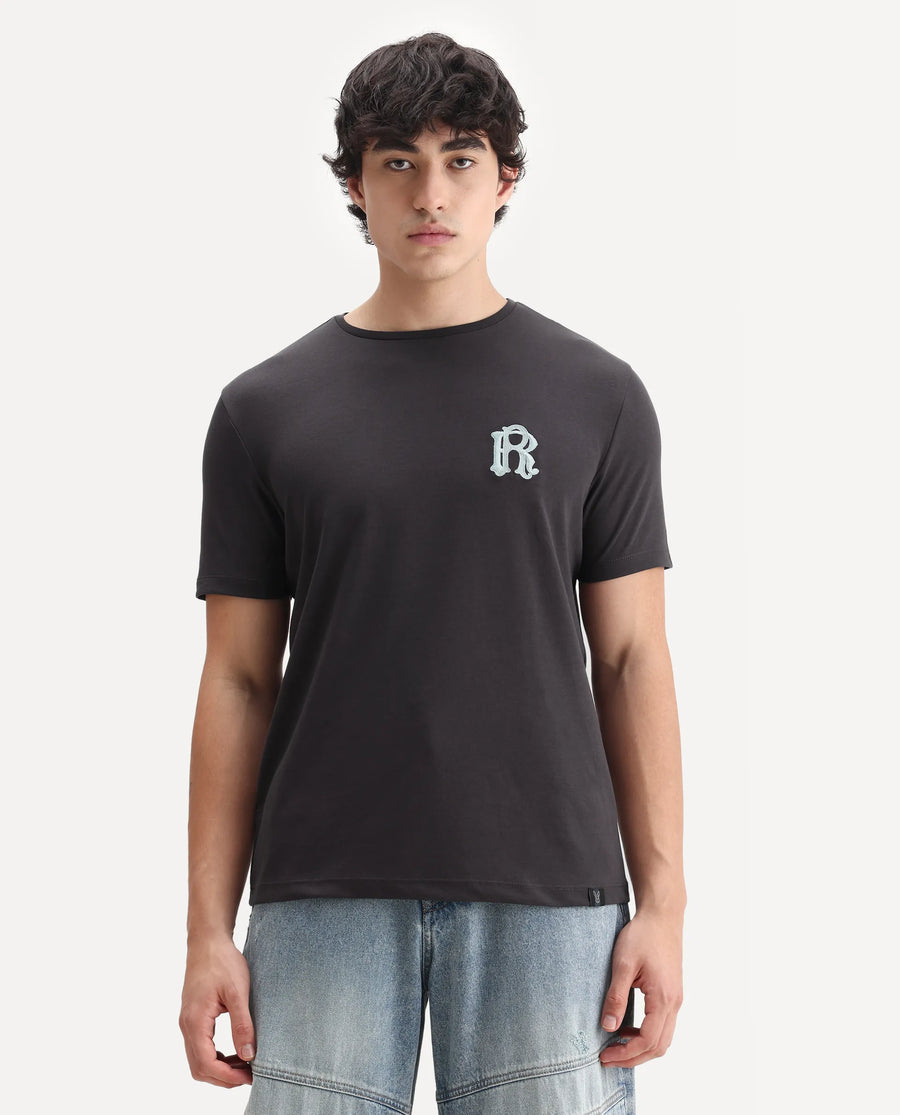 Rare Rabbit Men's Lex Dark Grey Cotton Embroidered Oversized Fit Half Sleeve Crew Neck T-Shirt