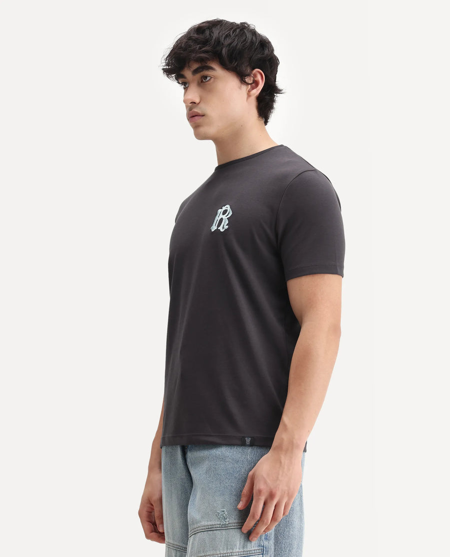Rare Rabbit Men's Lex Dark Grey Cotton Embroidered Oversized Fit Half Sleeve Crew Neck T-Shirt