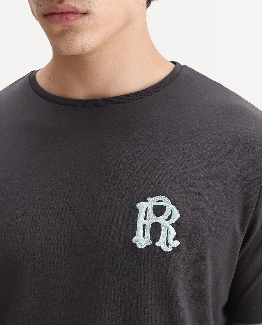 Rare Rabbit Men's Lex Dark Grey Cotton Embroidered Oversized Fit Half Sleeve Crew Neck T-Shirt