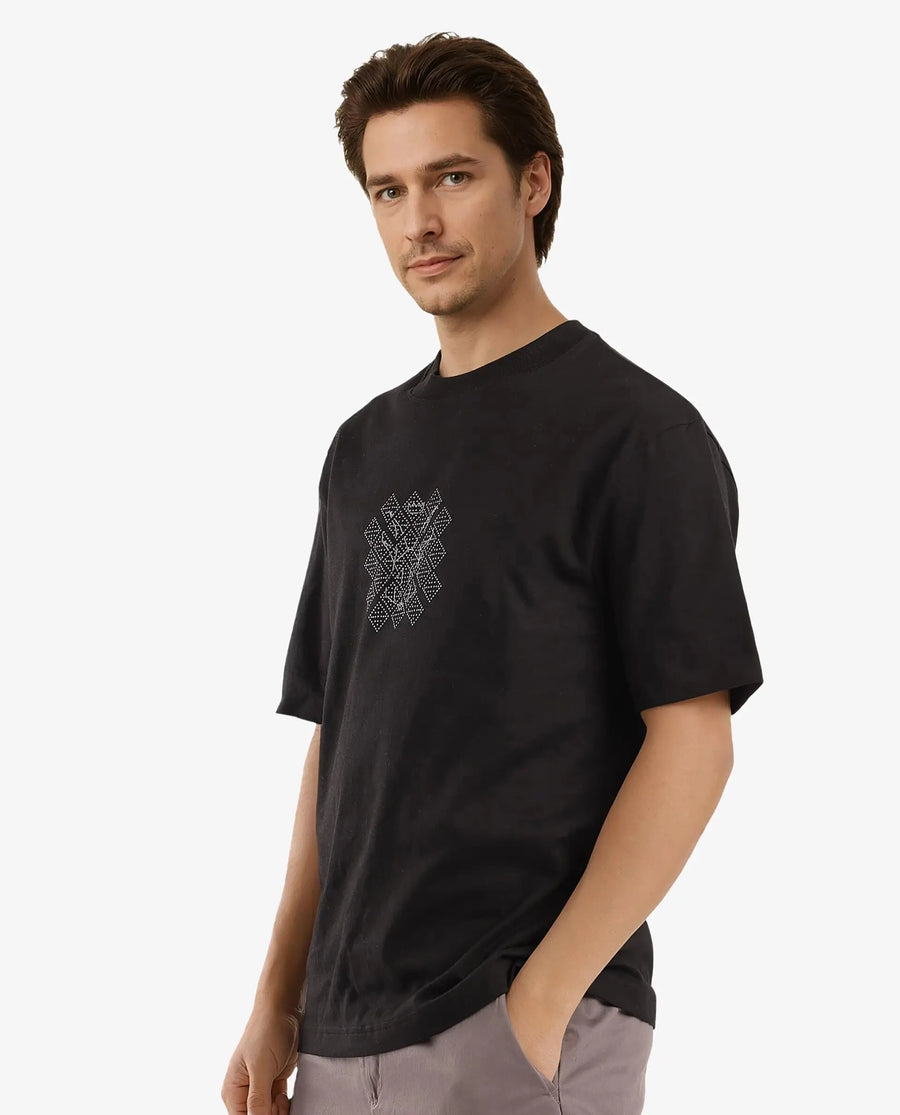 Rare Rabbit Men's Lexel Black Cotton Graphic Print Oversized Fit Half Sleeve Crew Neck T-Shirt