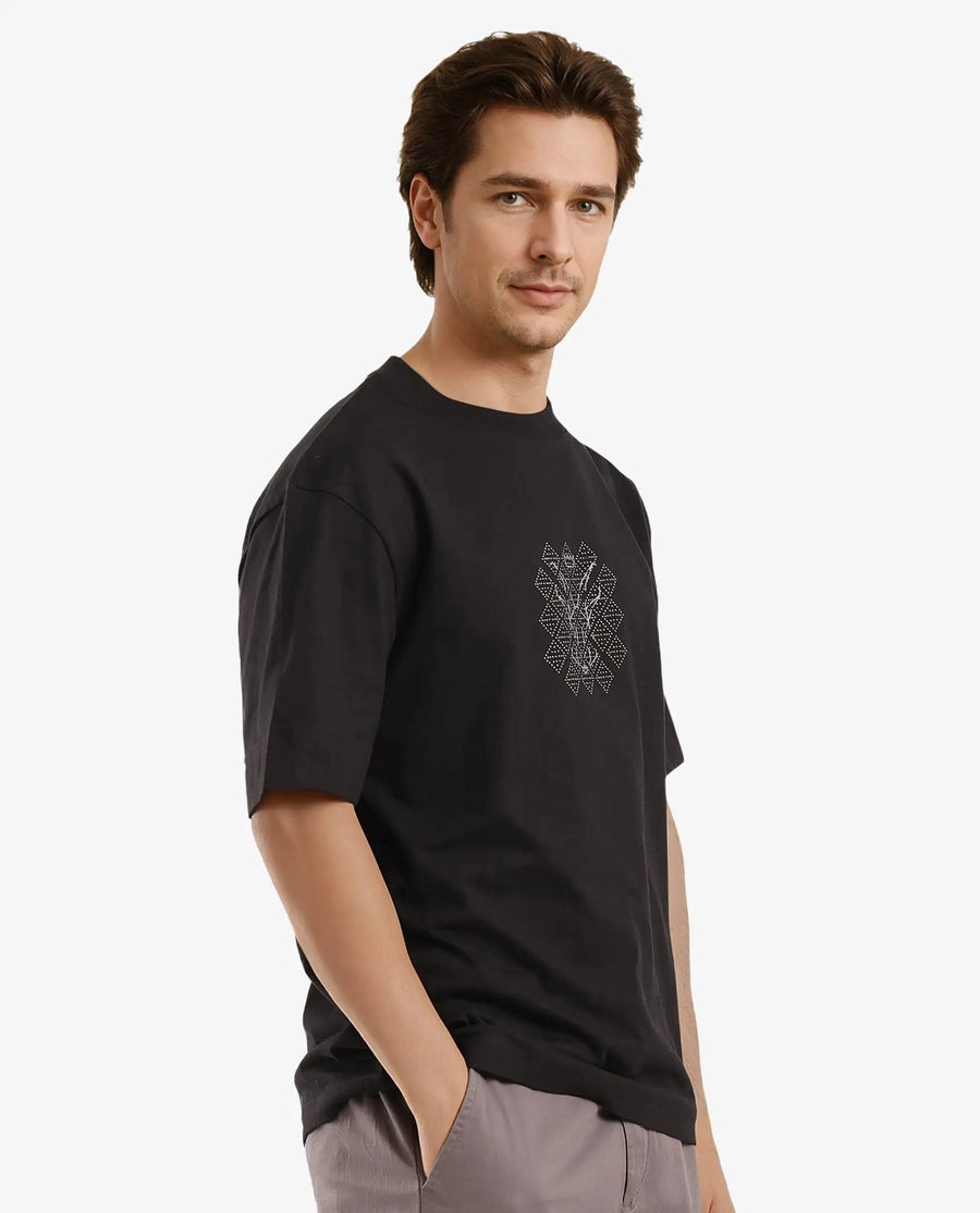 Rare Rabbit Men's Lexel Black Cotton Graphic Print Oversized Fit Half Sleeve Crew Neck T-Shirt