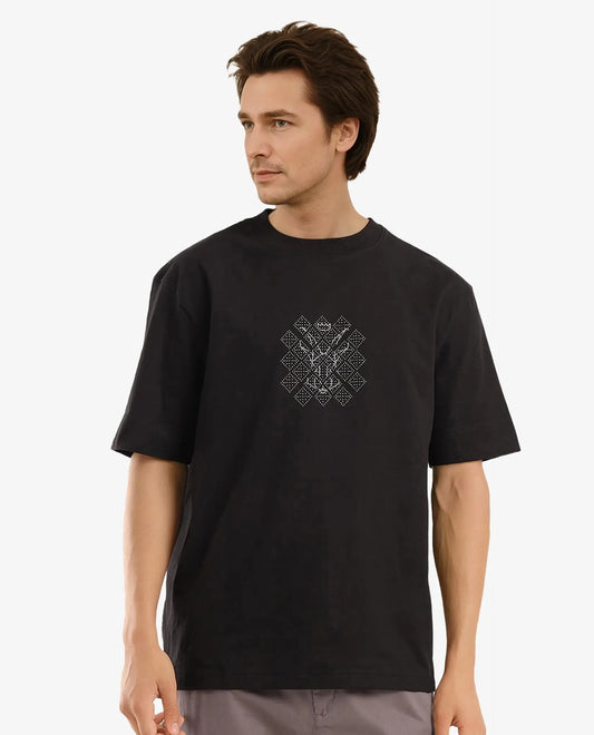 Rare Rabbit Men's Lexel Black Cotton Graphic Print Oversized Fit Half Sleeve Crew Neck T-Shirt