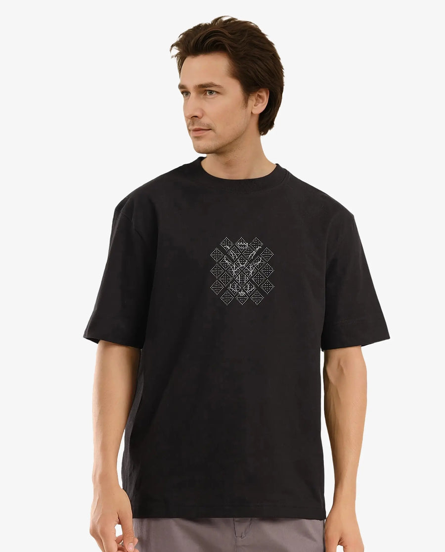 Rare Rabbit Men's Lexel Black Cotton Graphic Print Oversized Fit Half Sleeve Crew Neck T-Shirt