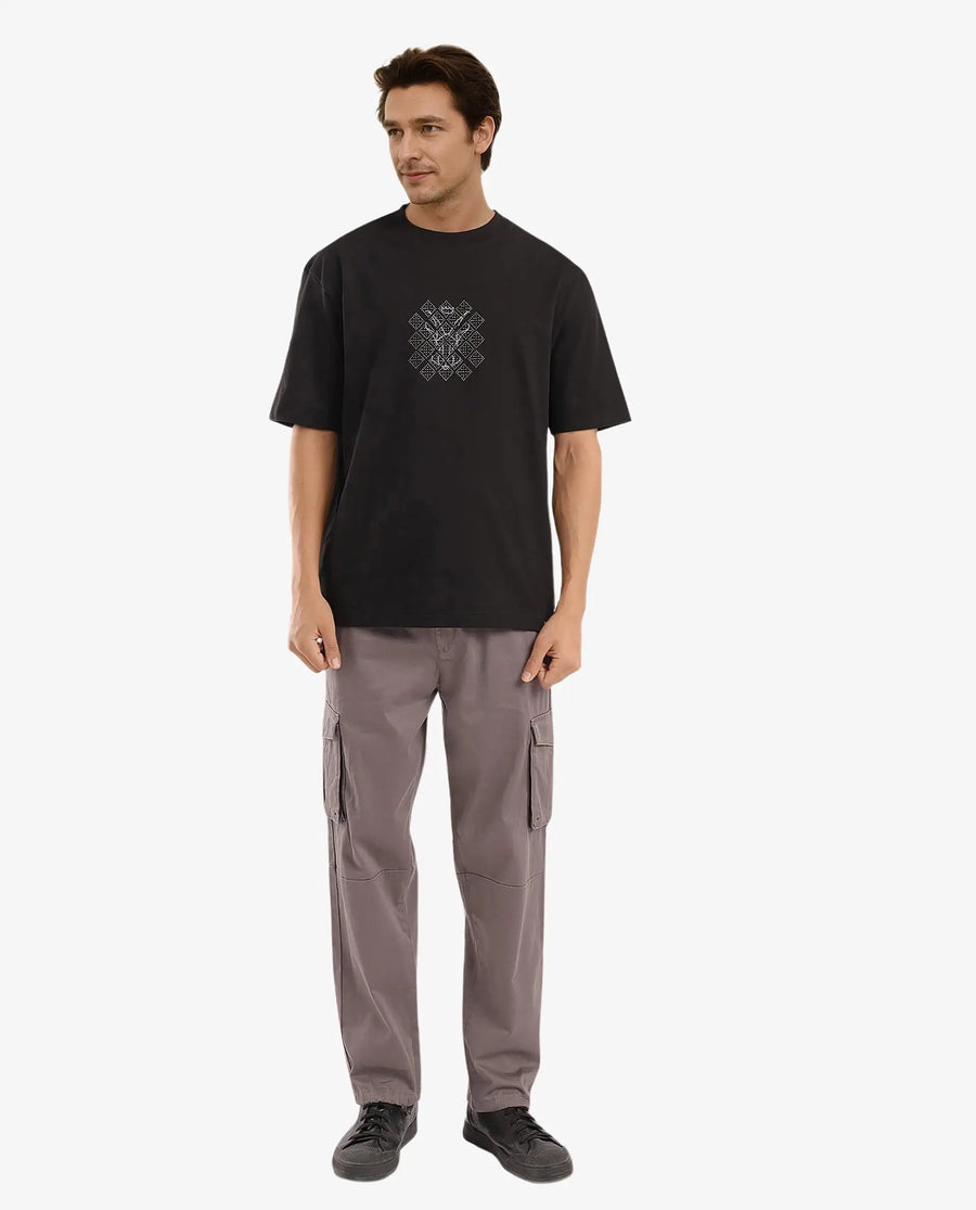 Rare Rabbit Men's Lexel Black Cotton Graphic Print Oversized Fit Half Sleeve Crew Neck T-Shirt