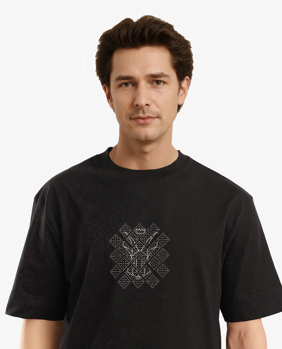 Rare Rabbit Men's Lexel Black Cotton Graphic Print Oversized Fit Half Sleeve Crew Neck T-Shirt
