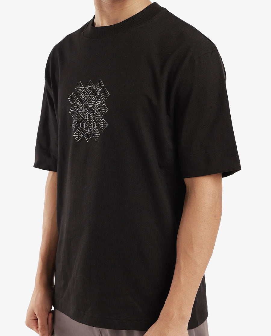 Rare Rabbit Men's Lexel Black Cotton Graphic Print Oversized Fit Half Sleeve Crew Neck T-Shirt