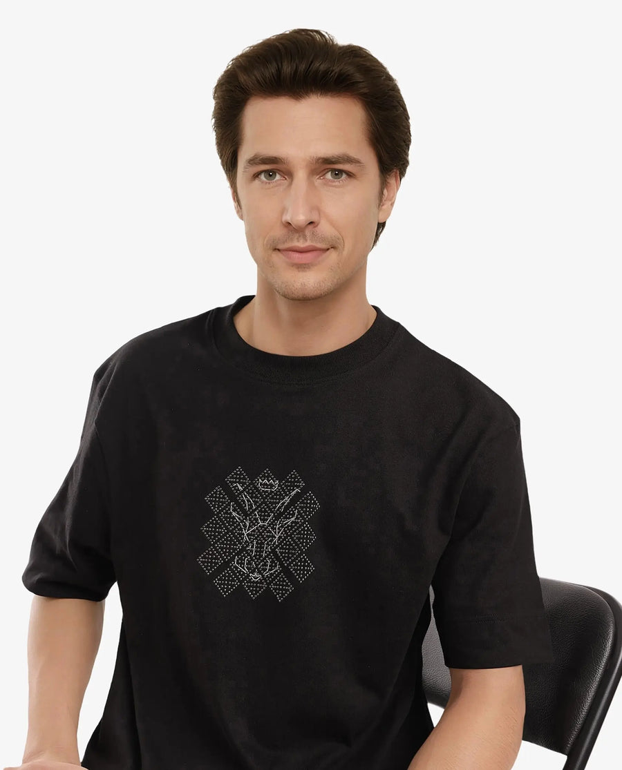 Rare Rabbit Men's Lexel Black Cotton Graphic Print Oversized Fit Half Sleeve Crew Neck T-Shirt