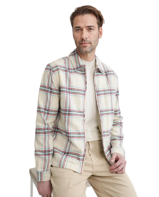 Rare Rabbit Men's Lex Off-White Acrylic Blend Checked Print Regular Fit Full Sleeve Collared Shacket
