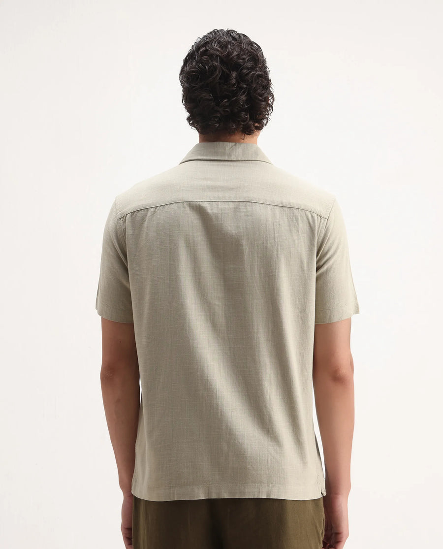 Rare Rabbit Men's Liam Olive Cotton Blend Embroidered Boxy Fit Half Sleeve Cuban Collar Shirt