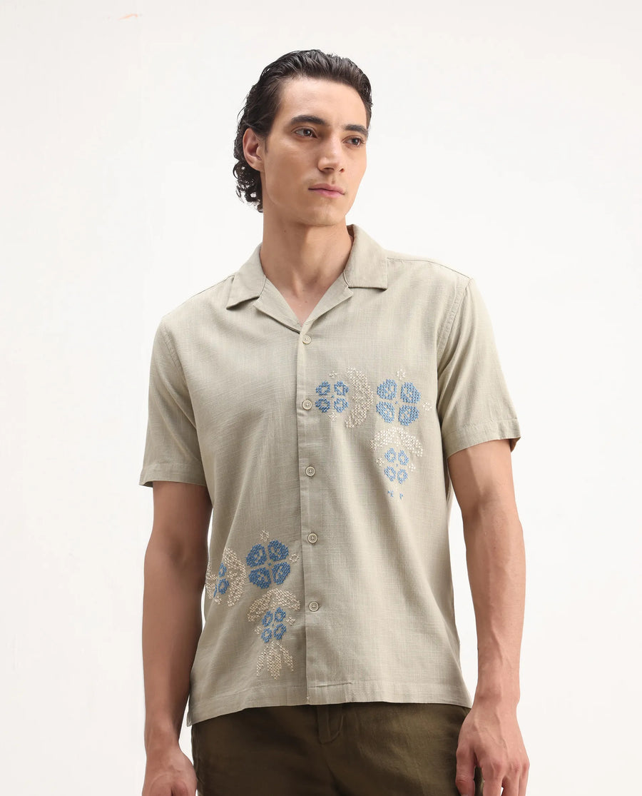 Rare Rabbit Men's Liam Olive Cotton Blend Embroidered Boxy Fit Half Sleeve Cuban Collar Shirt