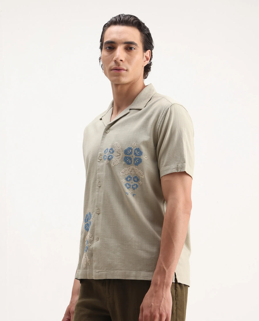 Rare Rabbit Men's Liam Olive Cotton Blend Embroidered Boxy Fit Half Sleeve Cuban Collar Shirt