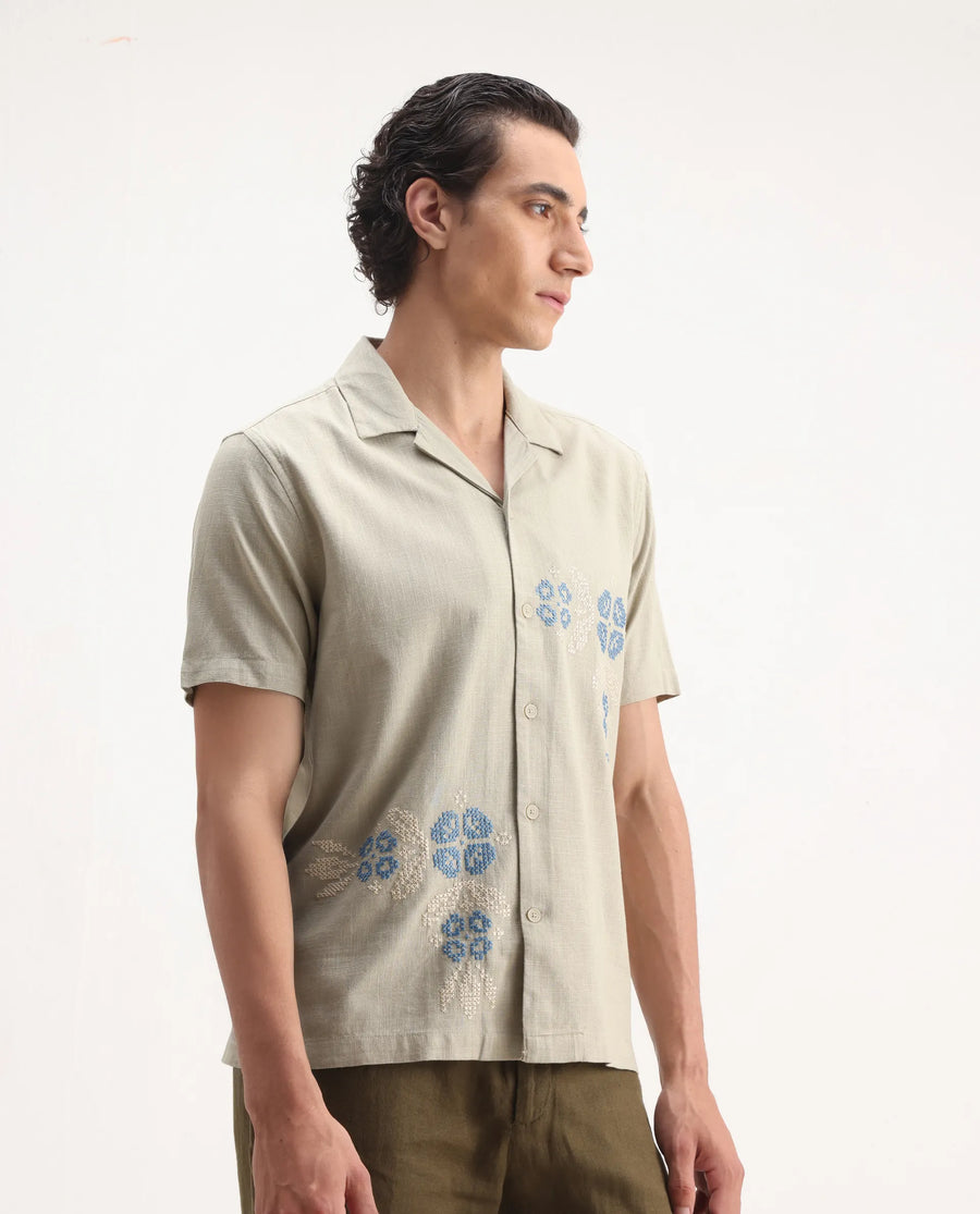 Rare Rabbit Men's Liam Olive Cotton Blend Embroidered Boxy Fit Half Sleeve Cuban Collar Shirt