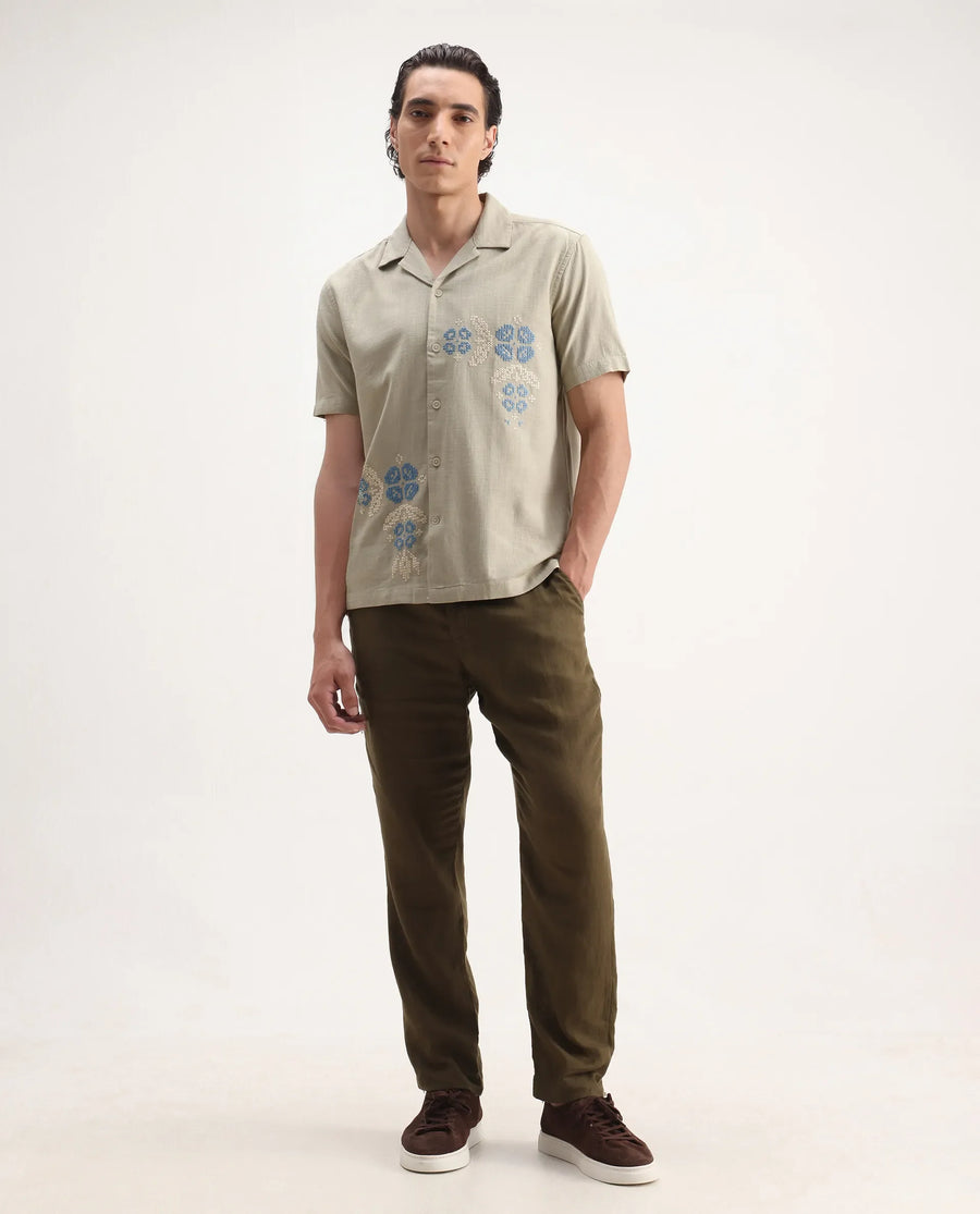 Rare Rabbit Men's Liam Olive Cotton Blend Embroidered Boxy Fit Half Sleeve Cuban Collar Shirt
