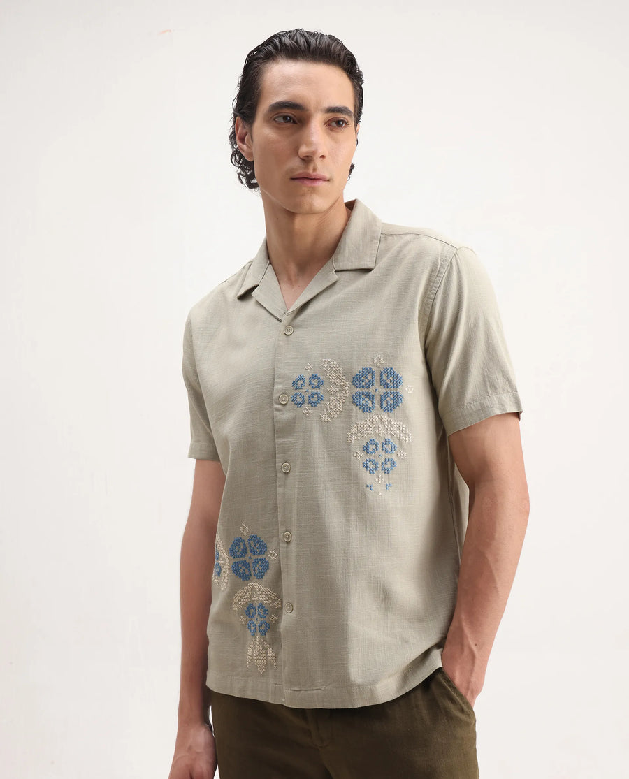 Rare Rabbit Men's Liam Olive Cotton Blend Embroidered Boxy Fit Half Sleeve Cuban Collar Shirt