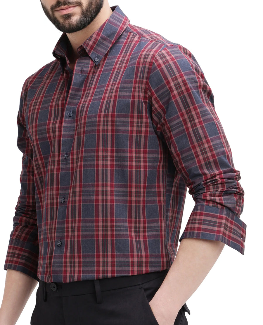 Rare Rabbit Men's Libya Red Cotton Checked Print Regular Fit Full Sleeve Collared Shirt