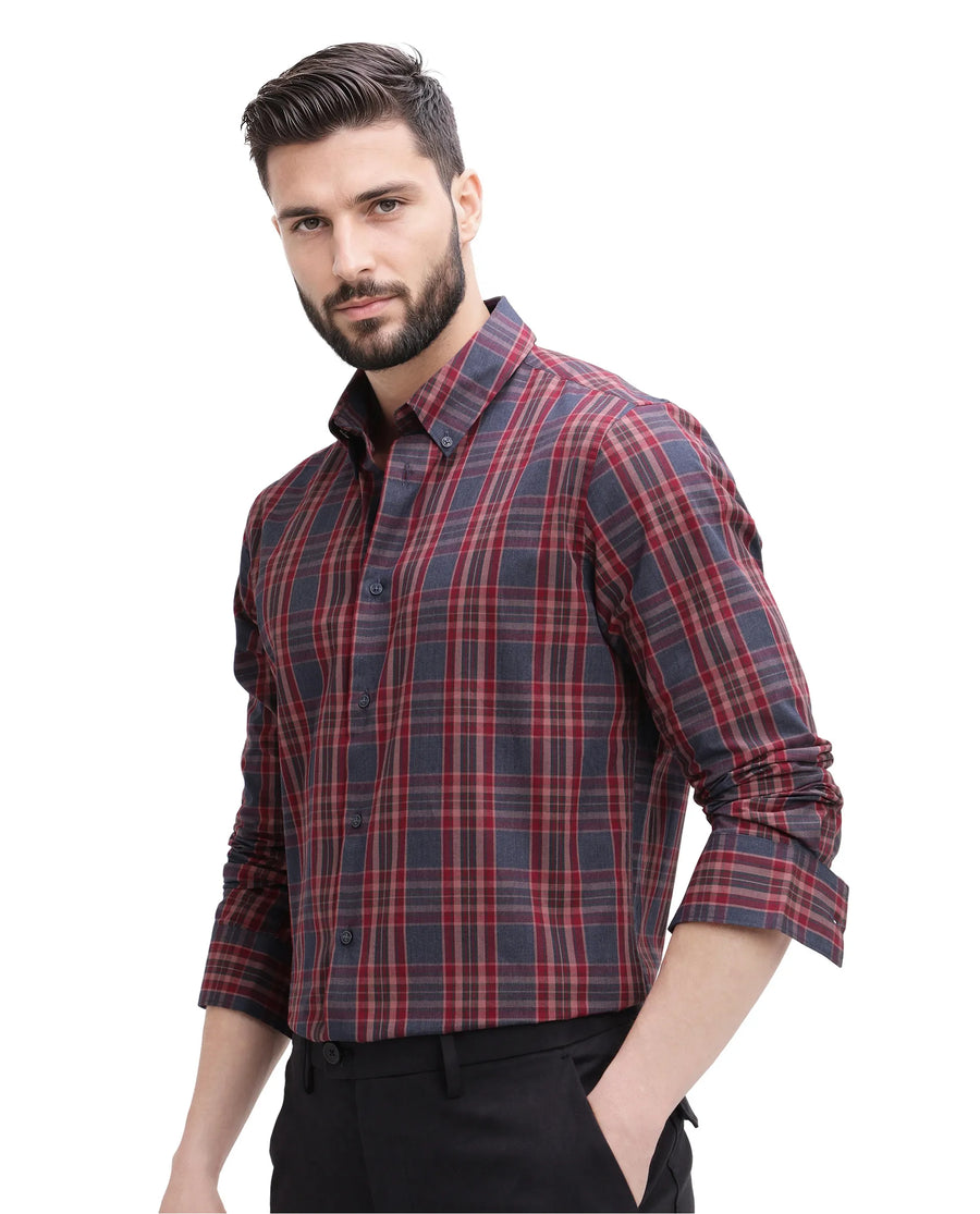 Rare Rabbit Men's Libya Red Cotton Checked Print Regular Fit Full Sleeve Collared Shirt
