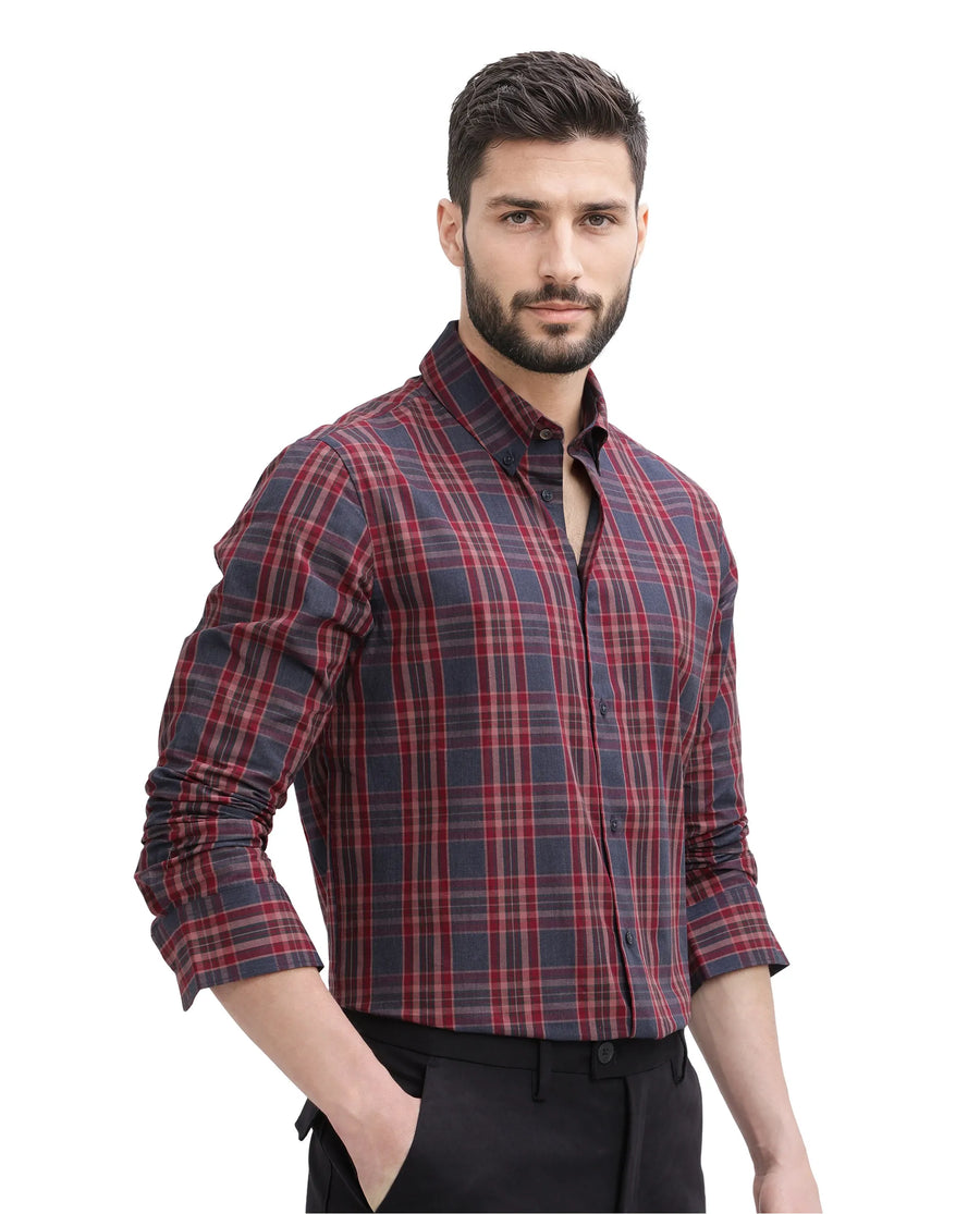Rare Rabbit Men's Libya Red Cotton Checked Print Regular Fit Full Sleeve Collared Shirt