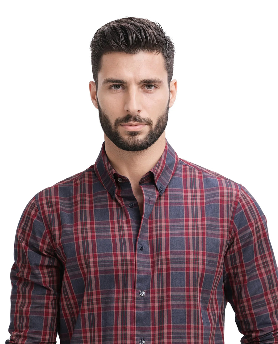 Rare Rabbit Men's Libya Red Cotton Checked Print Regular Fit Full Sleeve Collared Shirt