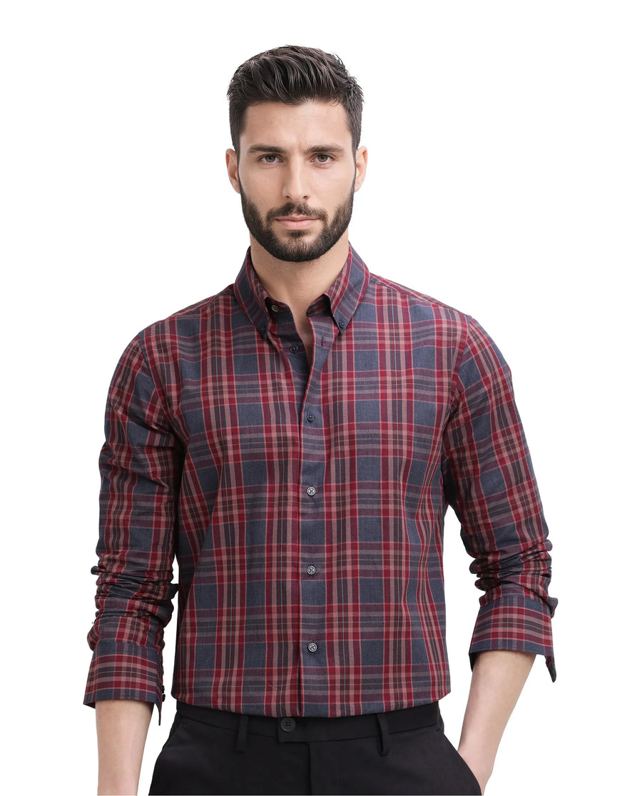 Rare Rabbit Men's Libya Red Cotton Checked Print Regular Fit Full Sleeve Collared Shirt