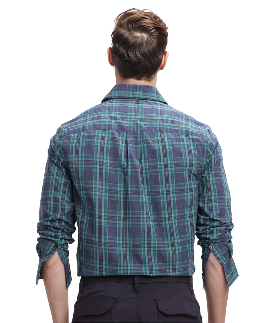 Rare Rabbit Men's Libya Turq Cotton Checked Print Regular Fit Full Sleeve Collared Shirt