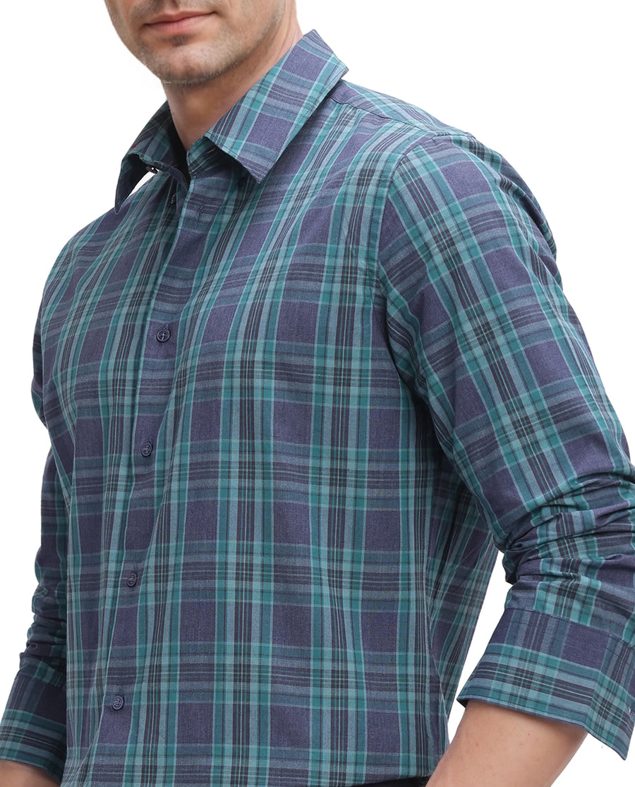 Rare Rabbit Men's Libya Turq Cotton Checked Print Regular Fit Full Sleeve Collared Shirt