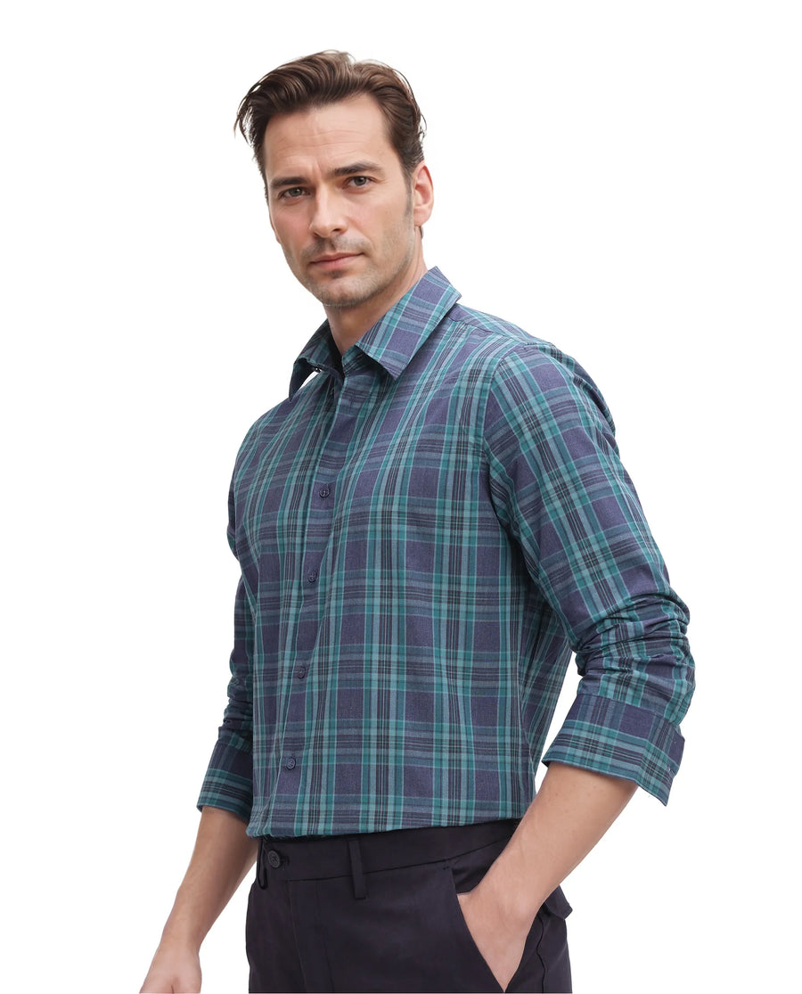 Rare Rabbit Men's Libya Turq Cotton Checked Print Regular Fit Full Sleeve Collared Shirt