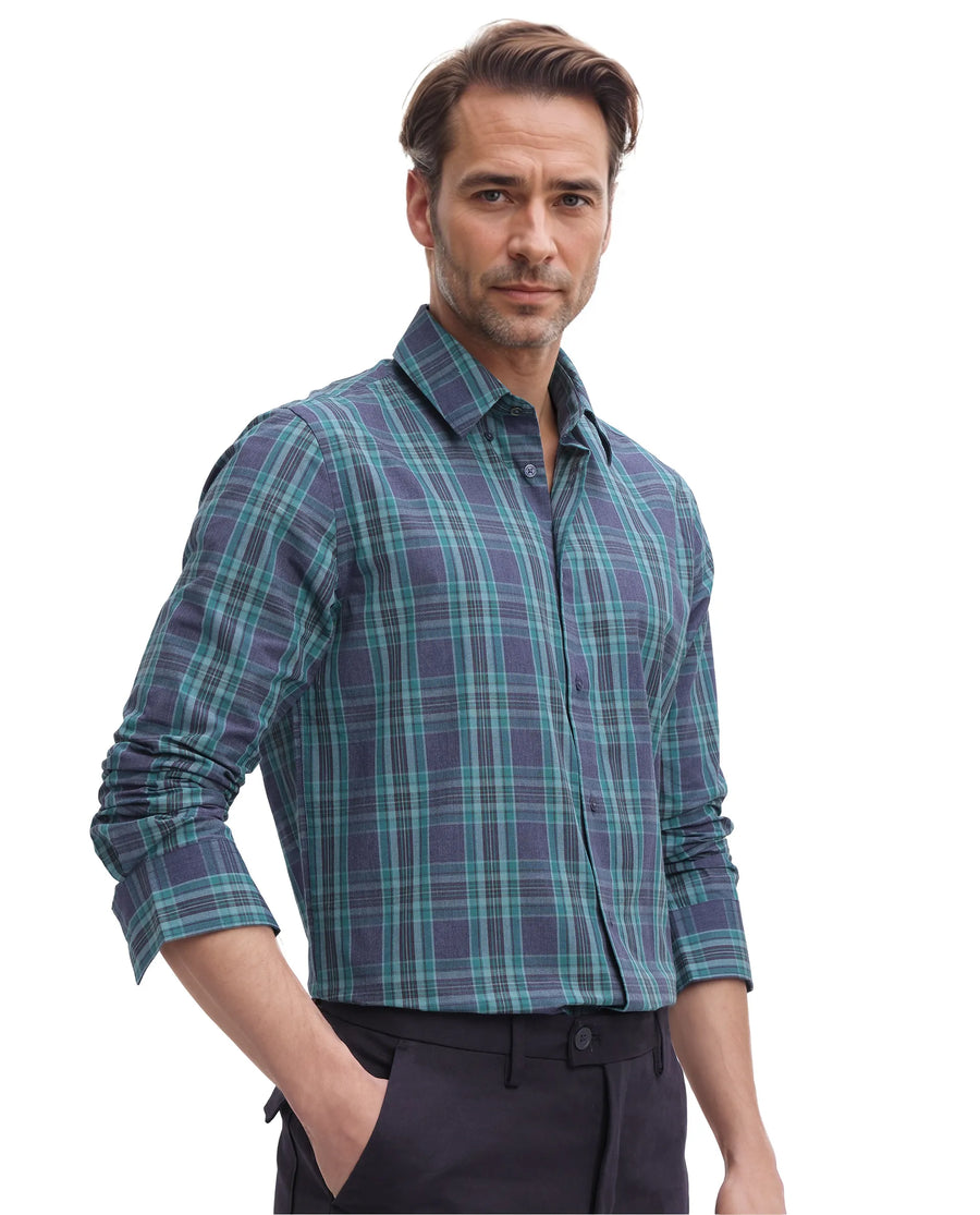 Rare Rabbit Men's Libya Turq Cotton Checked Print Regular Fit Full Sleeve Collared Shirt