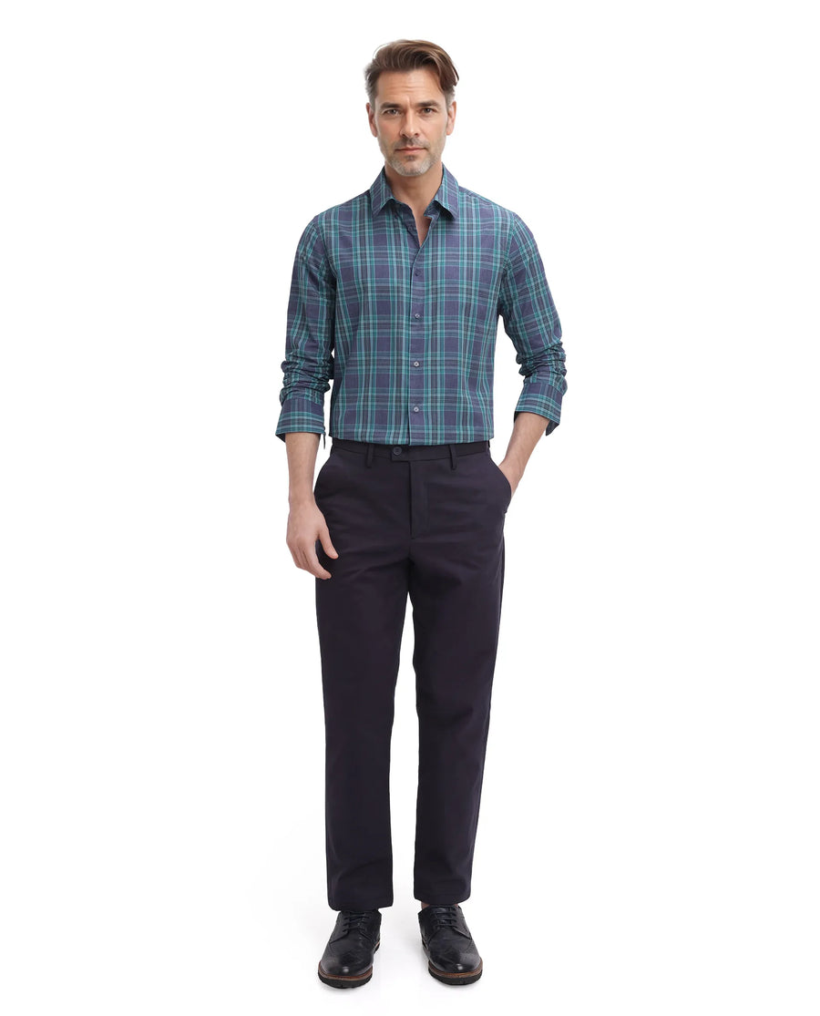 Rare Rabbit Men's Libya Turq Cotton Checked Print Regular Fit Full Sleeve Collared Shirt