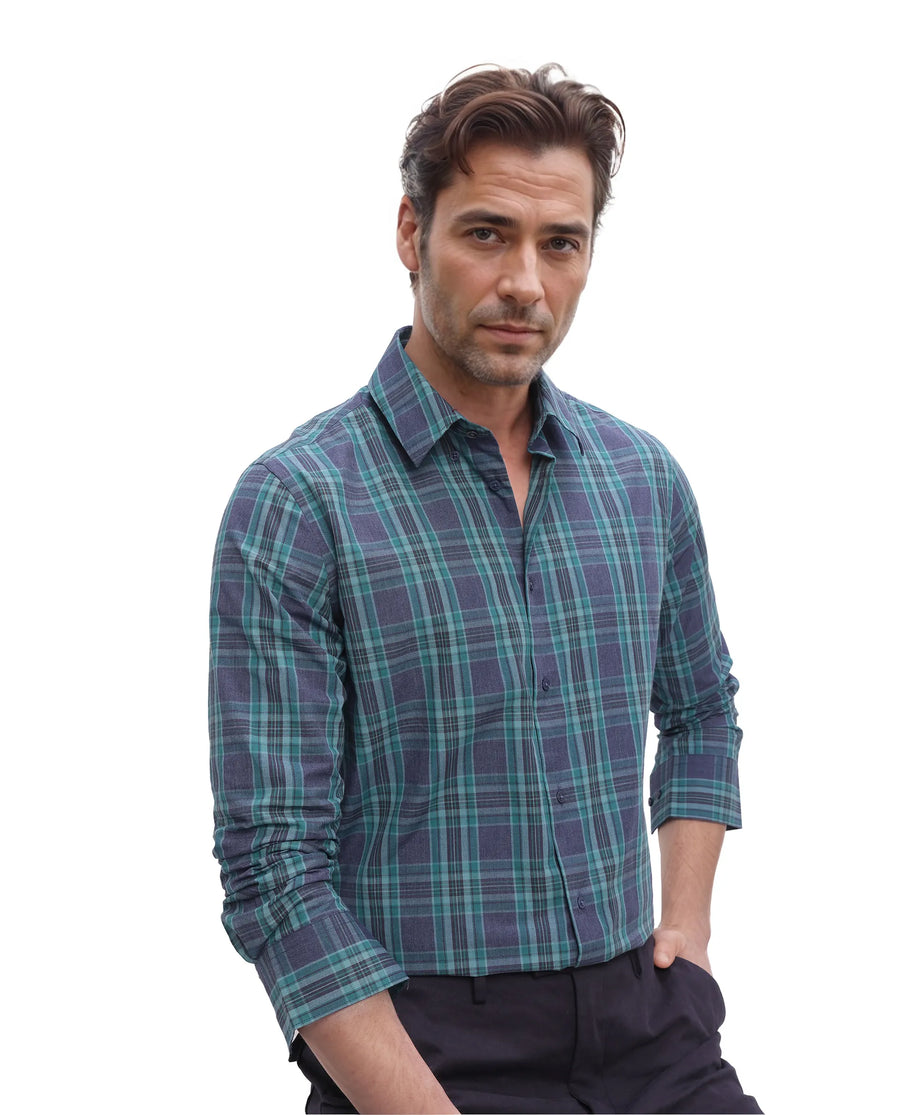 Rare Rabbit Men's Libya Turq Cotton Checked Print Regular Fit Full Sleeve Collared Shirt