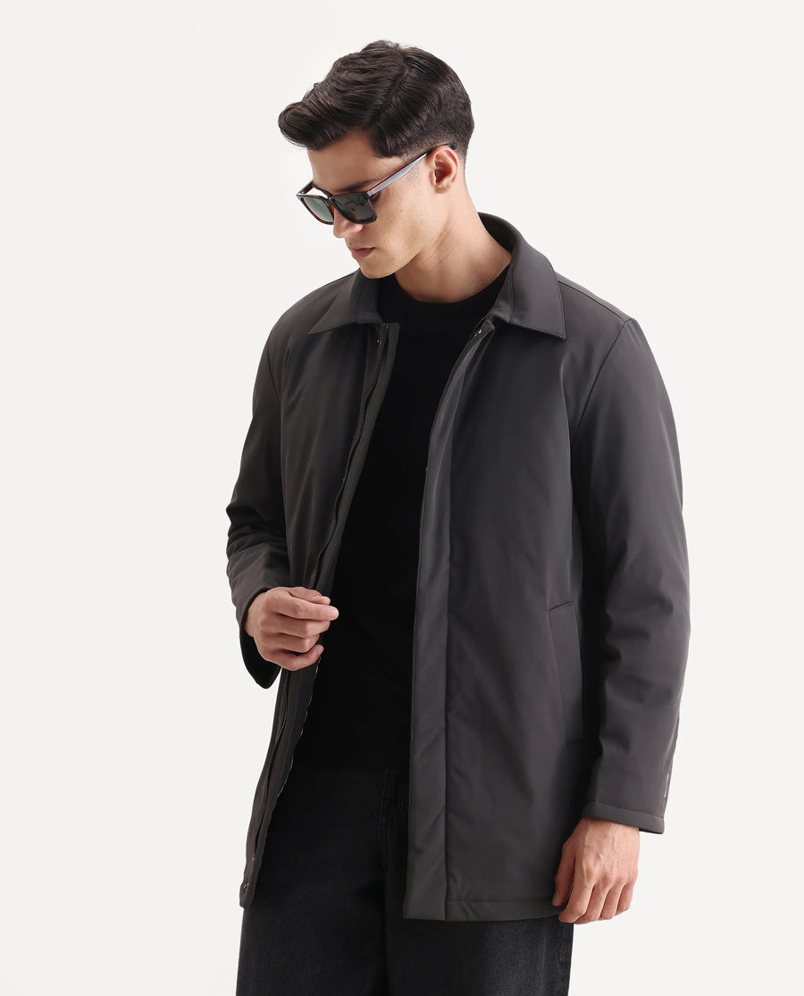 Rare Rabbit Men's Liem Dark Grey Nylon Blend Fabric Collared Neck Regular Fit Plain Coat