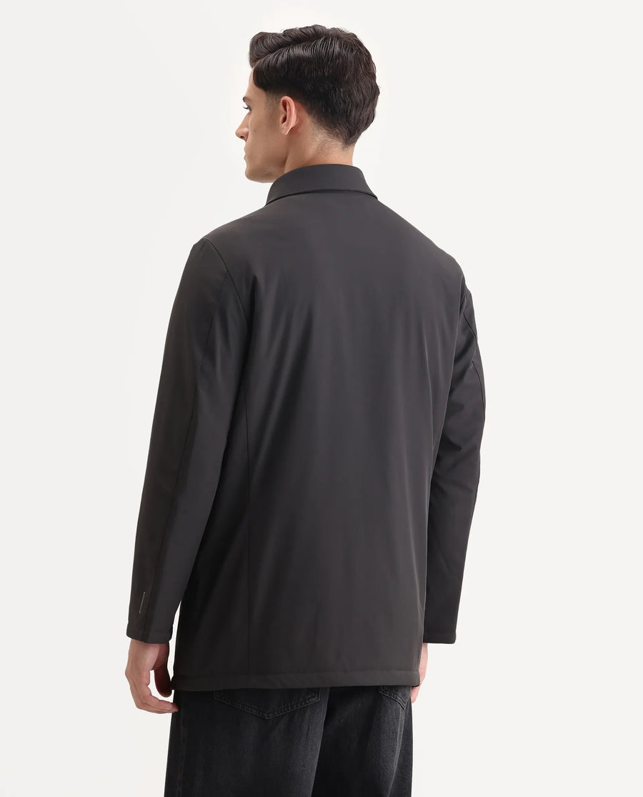 Rare Rabbit Men's Liem Dark Grey Nylon Blend Fabric Collared Neck Regular Fit Plain Coat