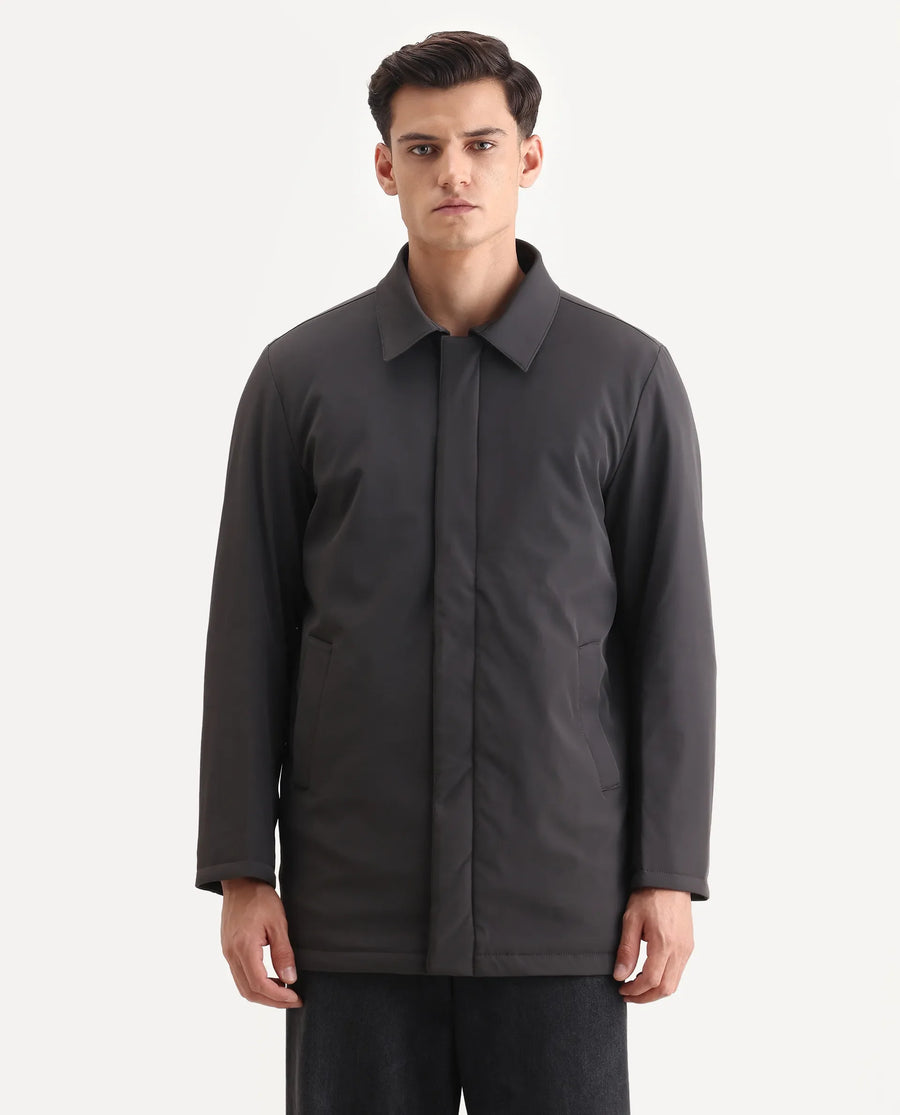 Rare Rabbit Men's Liem Dark Grey Nylon Blend Fabric Collared Neck Regular Fit Plain Coat