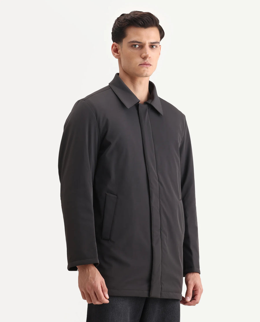 Rare Rabbit Men's Liem Dark Grey Nylon Blend Fabric Collared Neck Regular Fit Plain Coat