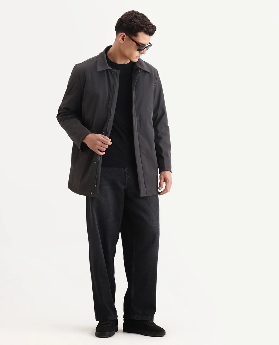 Rare Rabbit Men's Liem Dark Grey Nylon Blend Fabric Collared Neck Regular Fit Plain Coat