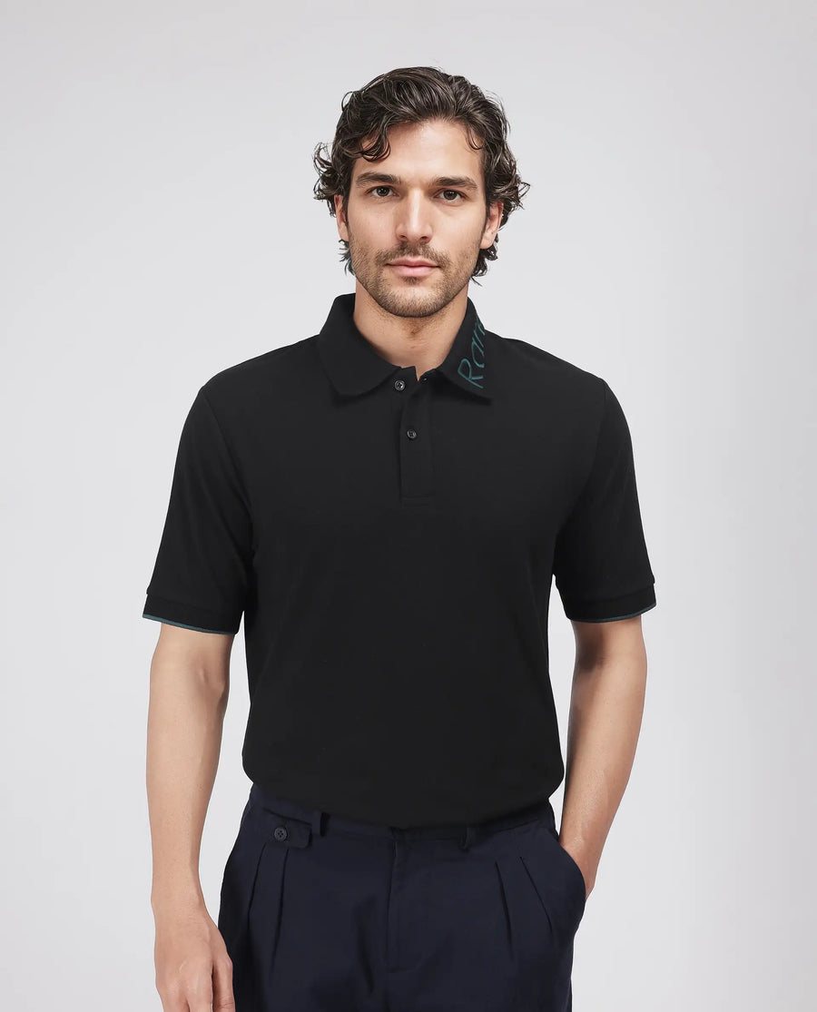 Rare Rabbit Men's Limo Black Cotton Blend Embroidered Regular Fit Half Sleeve Polo