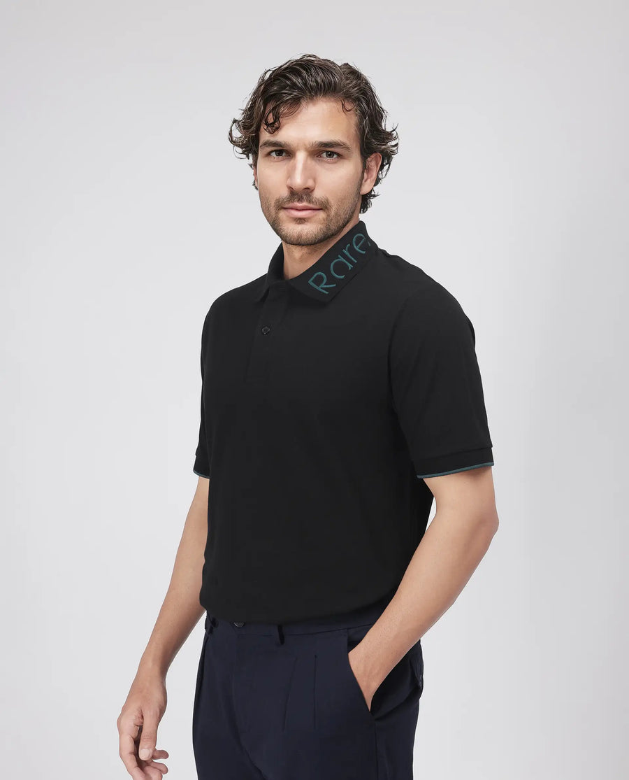 Rare Rabbit Men's Limo Black Cotton Blend Embroidered Regular Fit Half Sleeve Polo