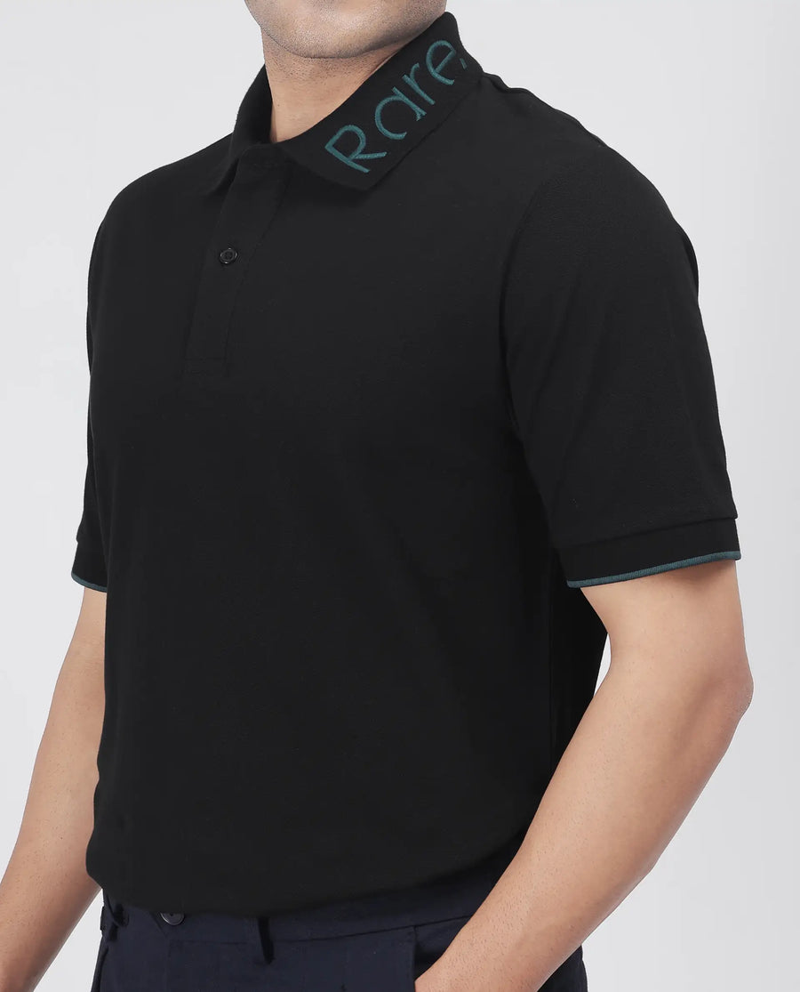 Rare Rabbit Men's Limo Black Cotton Blend Embroidered Regular Fit Half Sleeve Polo