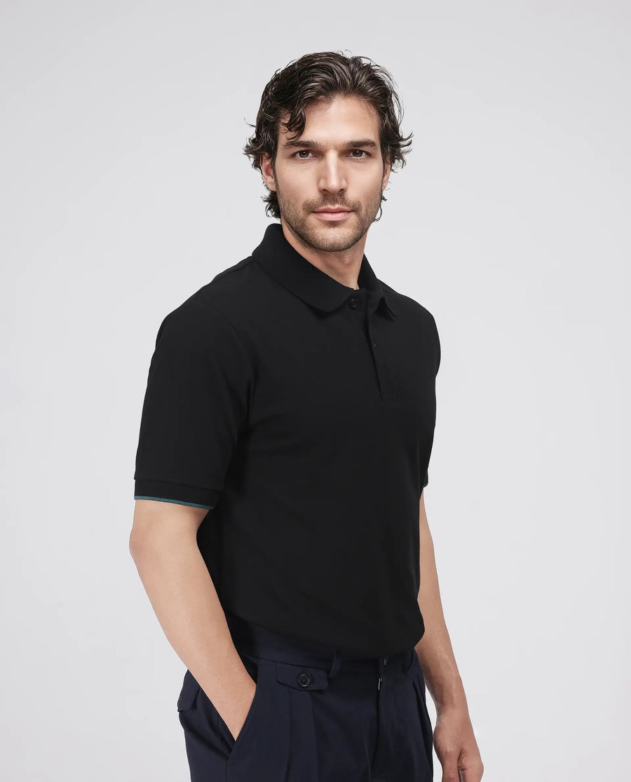 Rare Rabbit Men's Limo Black Cotton Blend Embroidered Regular Fit Half Sleeve Polo