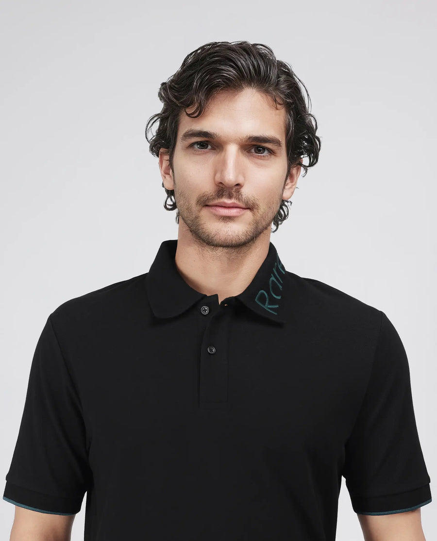 Rare Rabbit Men's Limo Black Cotton Blend Embroidered Regular Fit Half Sleeve Polo