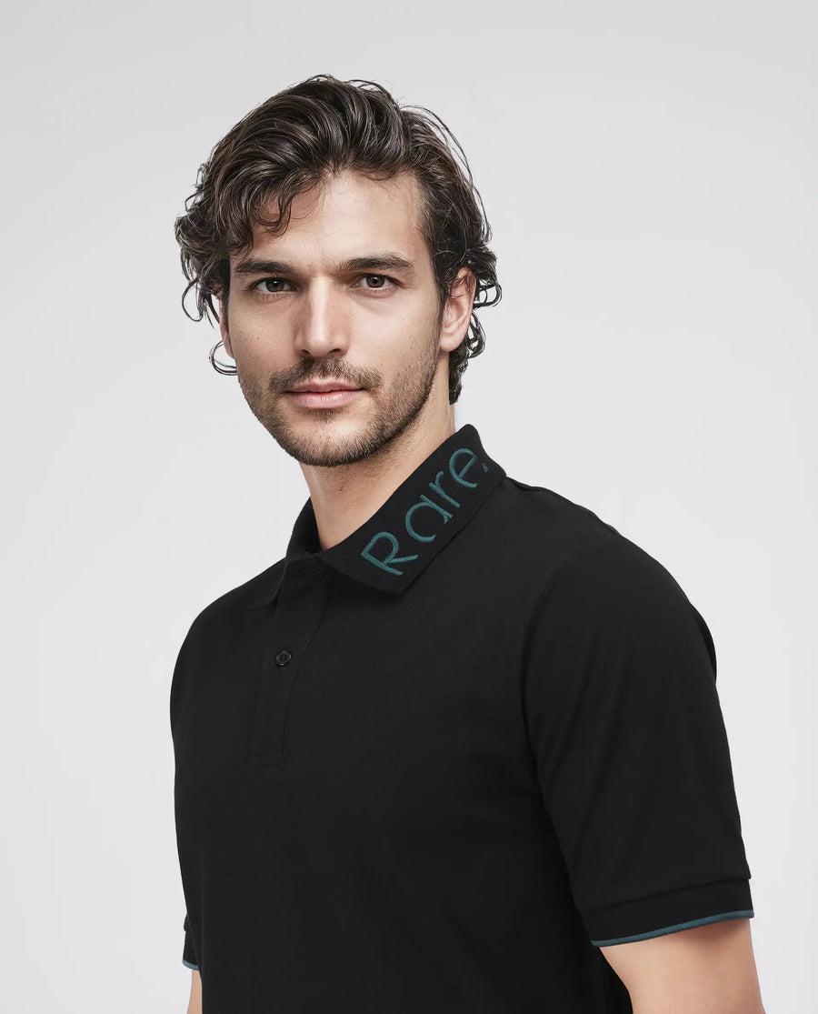Rare Rabbit Men's Limo Black Cotton Blend Embroidered Regular Fit Half Sleeve Polo
