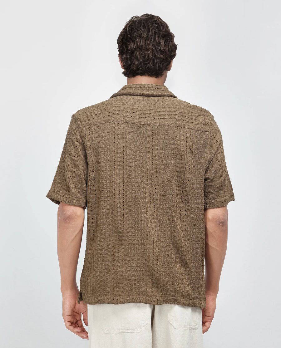 Rare Rabbit Men's Limo Brown Cotton Jacquard Regular Fit Half Sleeve Cuban Collar Shirt