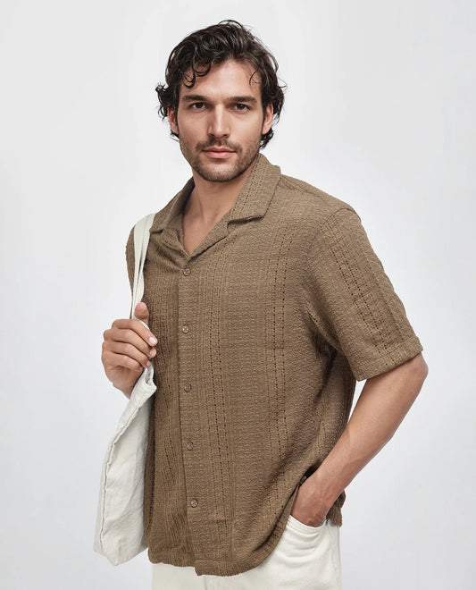 Rare Rabbit Men's Limo Brown Cotton Jacquard Regular Fit Half Sleeve Cuban Collar Shirt