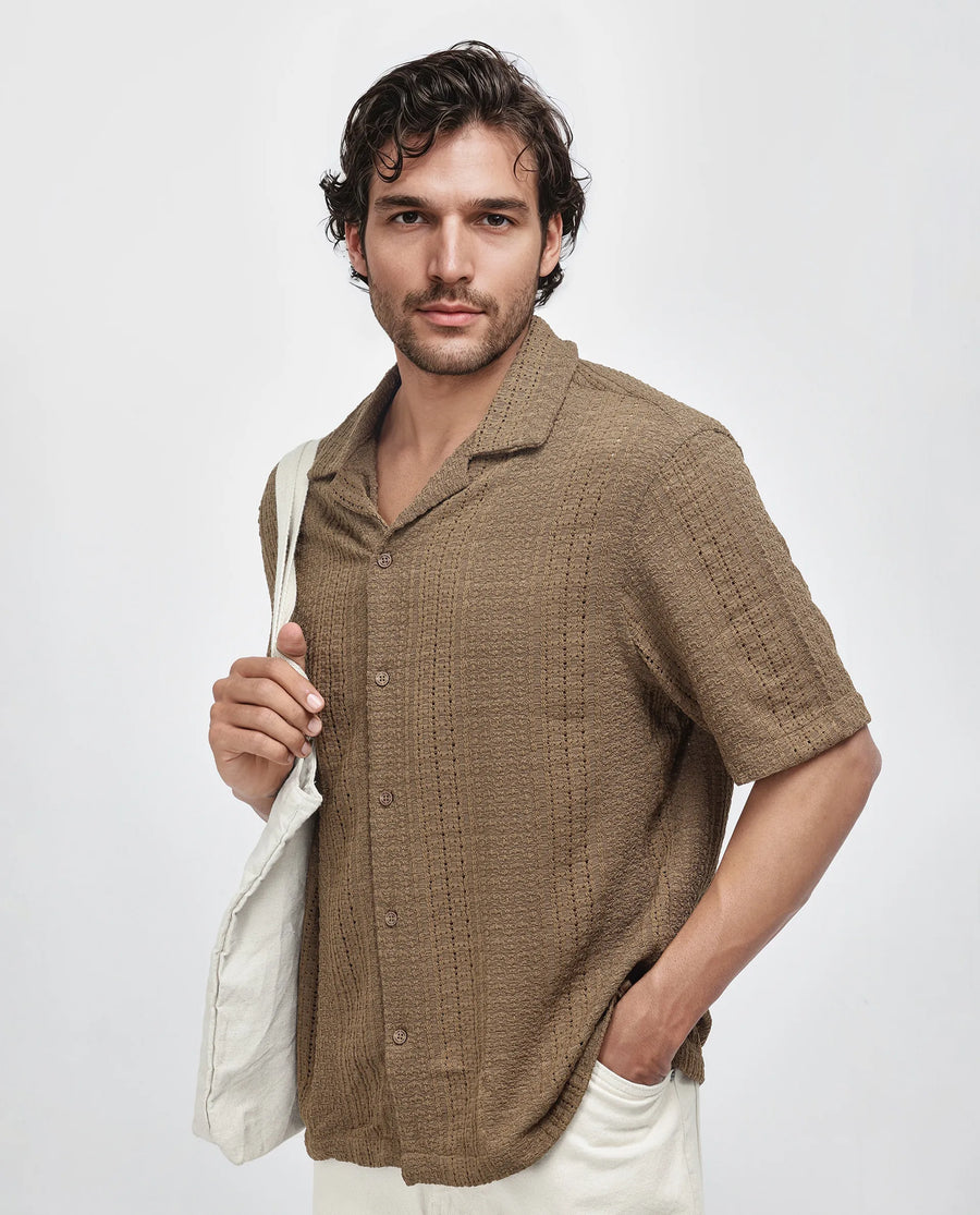 Rare Rabbit Men's Limo Brown Cotton Jacquard Regular Fit Half Sleeve Cuban Collar Shirt
