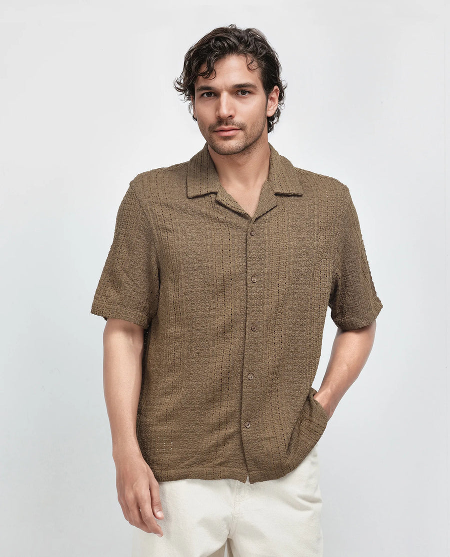 Rare Rabbit Men's Limo Brown Cotton Jacquard Regular Fit Half Sleeve Cuban Collar Shirt