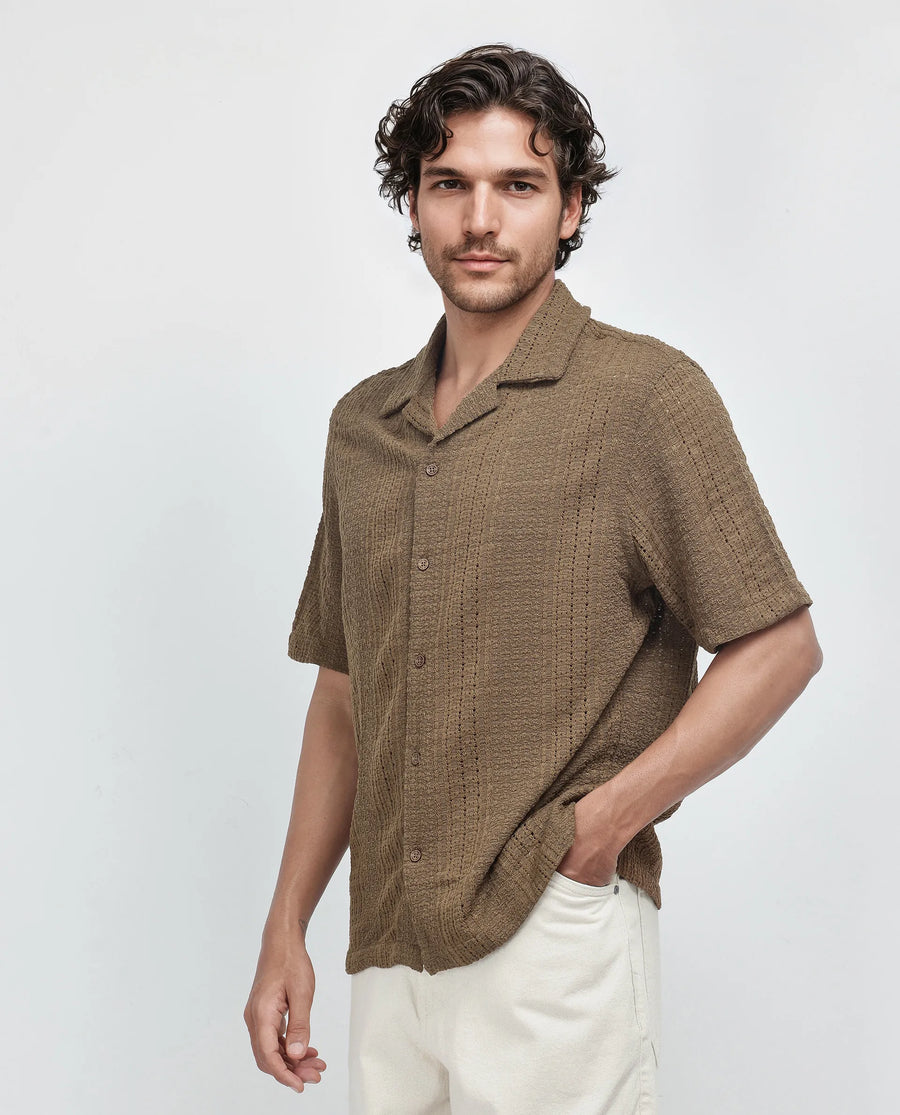 Rare Rabbit Men's Limo Brown Cotton Jacquard Regular Fit Half Sleeve Cuban Collar Shirt