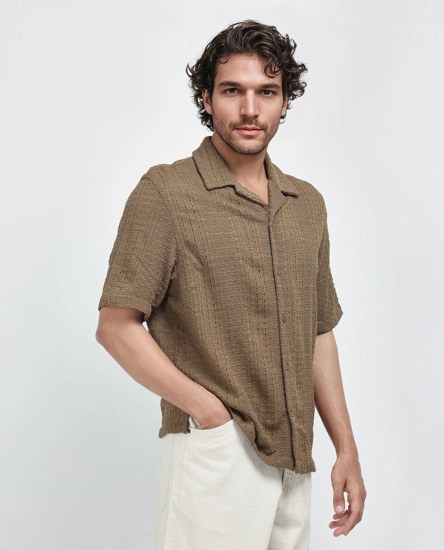 Rare Rabbit Men's Limo Brown Cotton Jacquard Regular Fit Half Sleeve Cuban Collar Shirt
