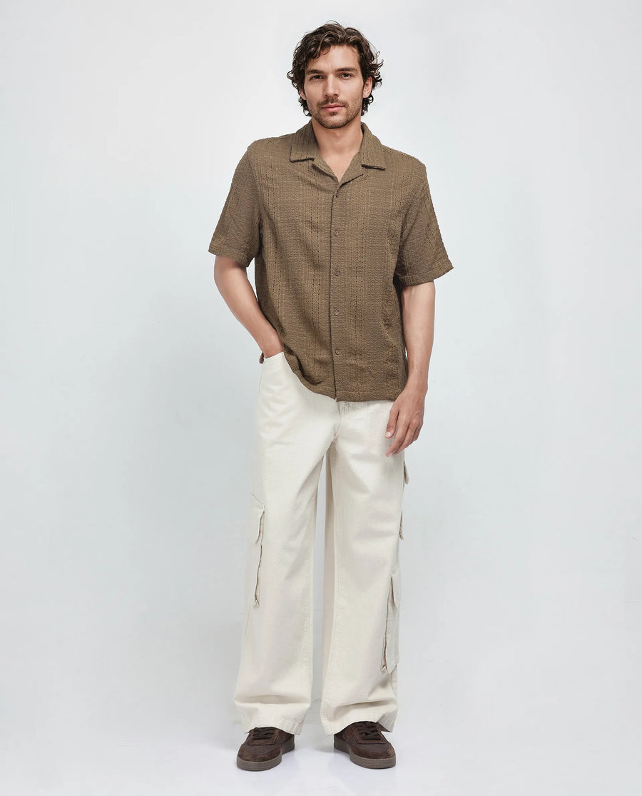 Rare Rabbit Men's Limo Brown Cotton Jacquard Regular Fit Half Sleeve Cuban Collar Shirt