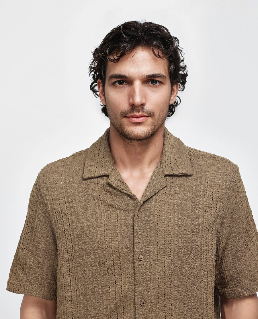 Rare Rabbit Men's Limo Brown Cotton Jacquard Regular Fit Half Sleeve Cuban Collar Shirt