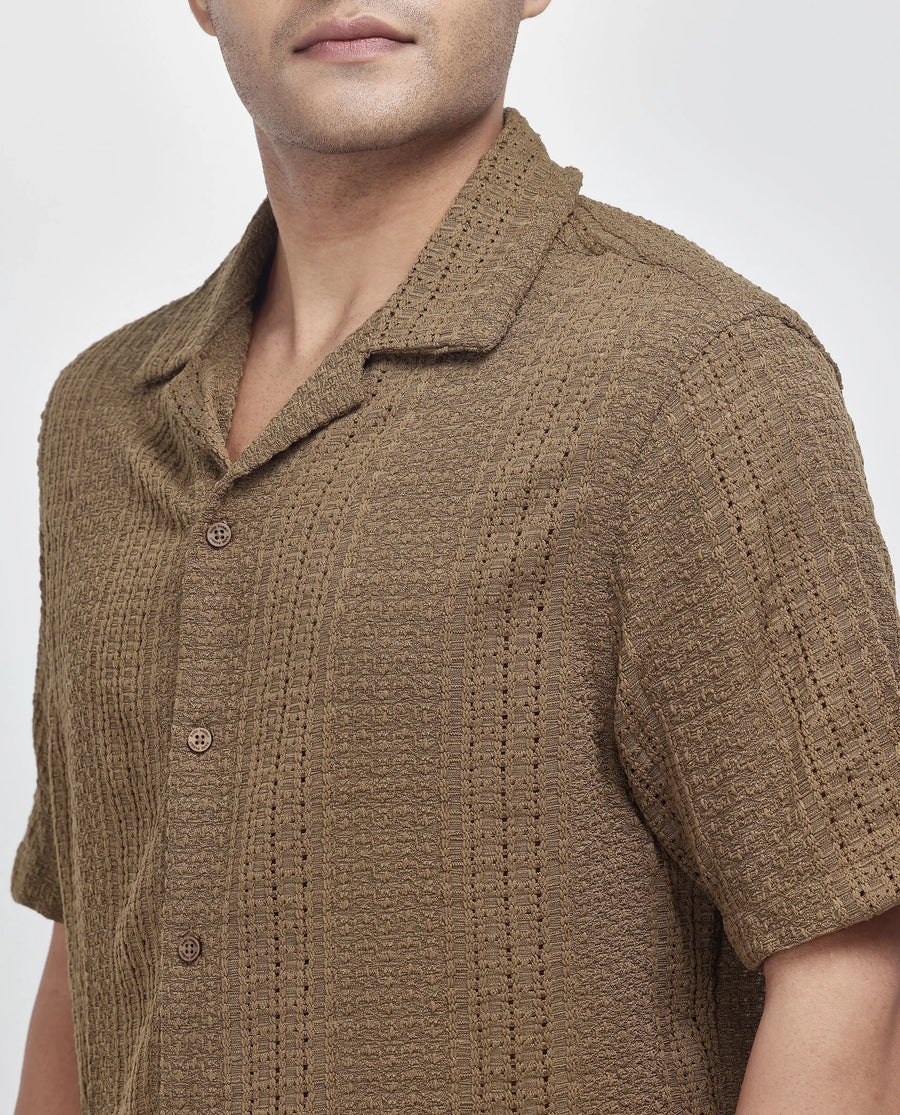 Rare Rabbit Men's Limo Brown Cotton Jacquard Regular Fit Half Sleeve Cuban Collar Shirt